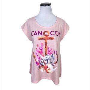 Pier 27 Cancun Graphic Relaxed Fit Anchor Print Cap Sleeve T Shirt Pink Medium